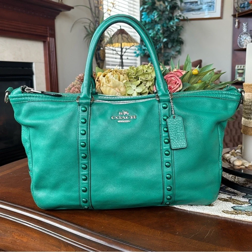 Coach Green Leather Handbag Central Satchel Rivet Leaf Enamel Studded
